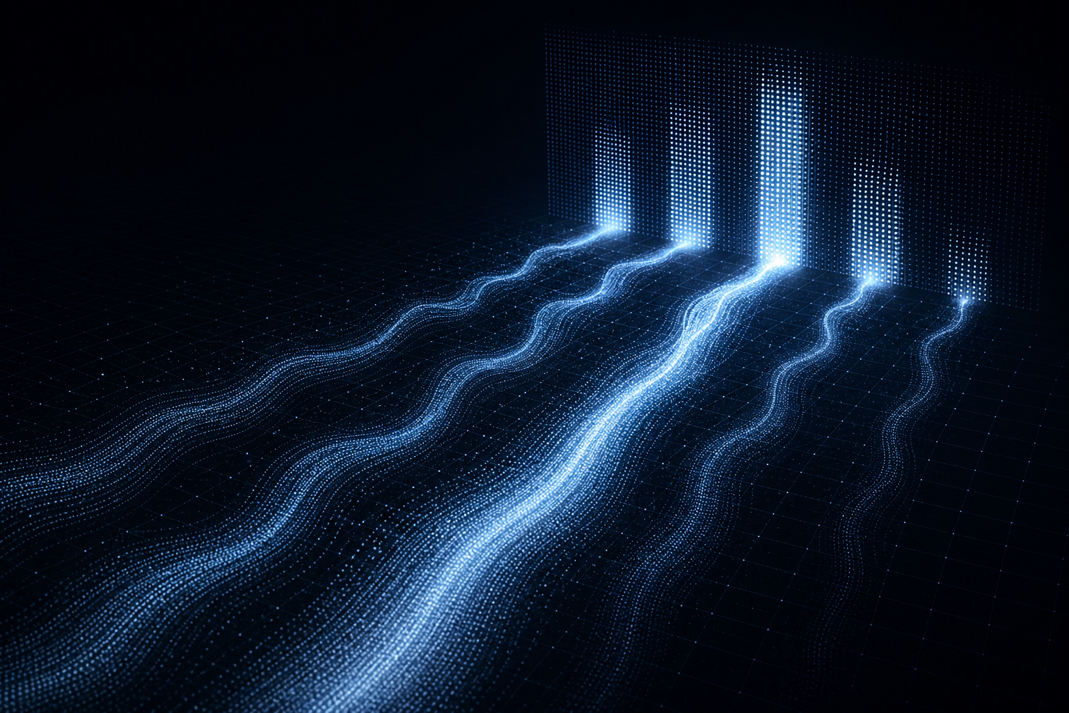 Abstract dark visualization of five glowing data streams competing across a grid toward a bright scoreboard panel, representing competitor citation share in AI answers