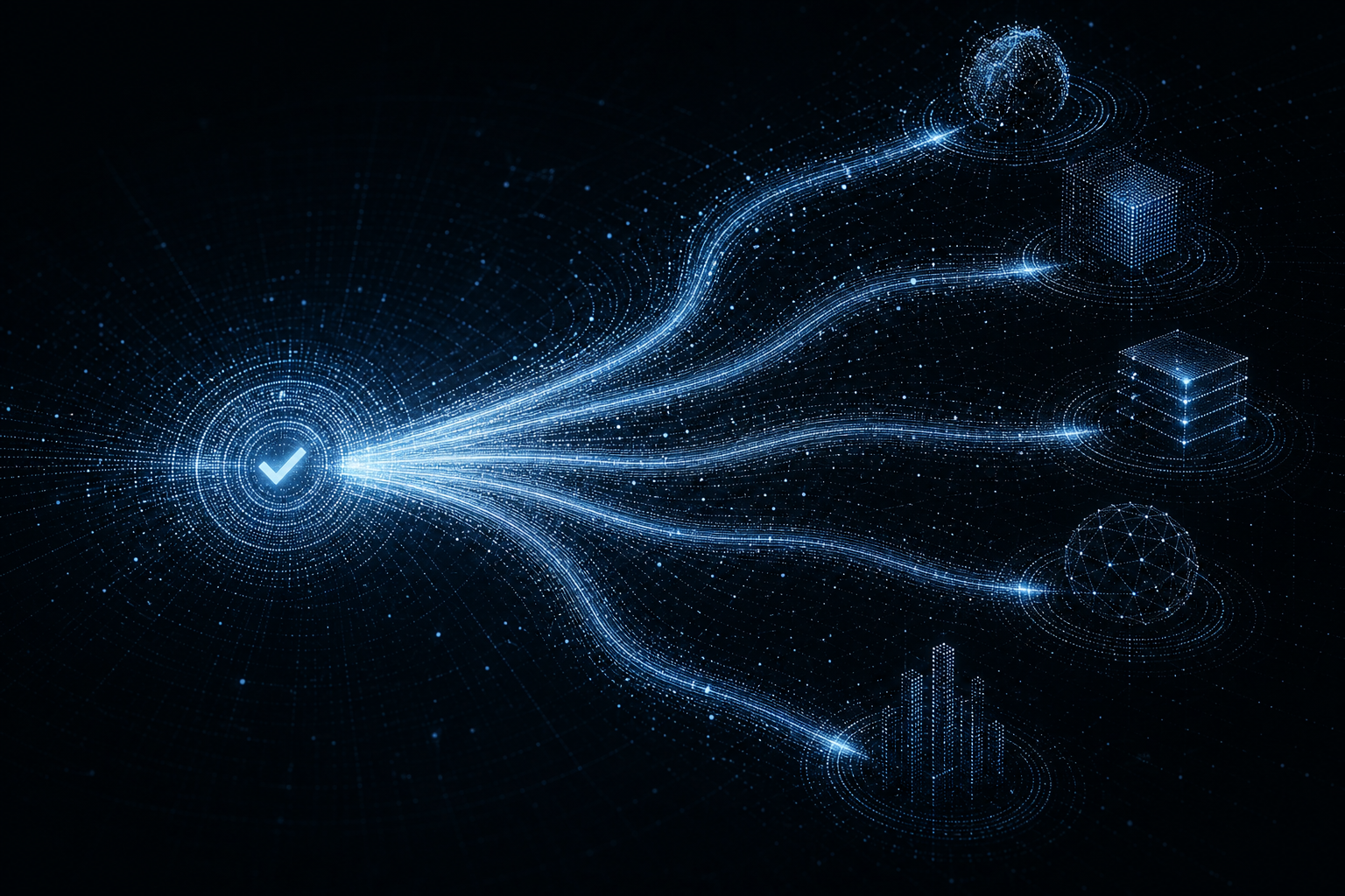 Abstract illustration of glowing data streams flowing from one central node into multiple connected systems on a dark background