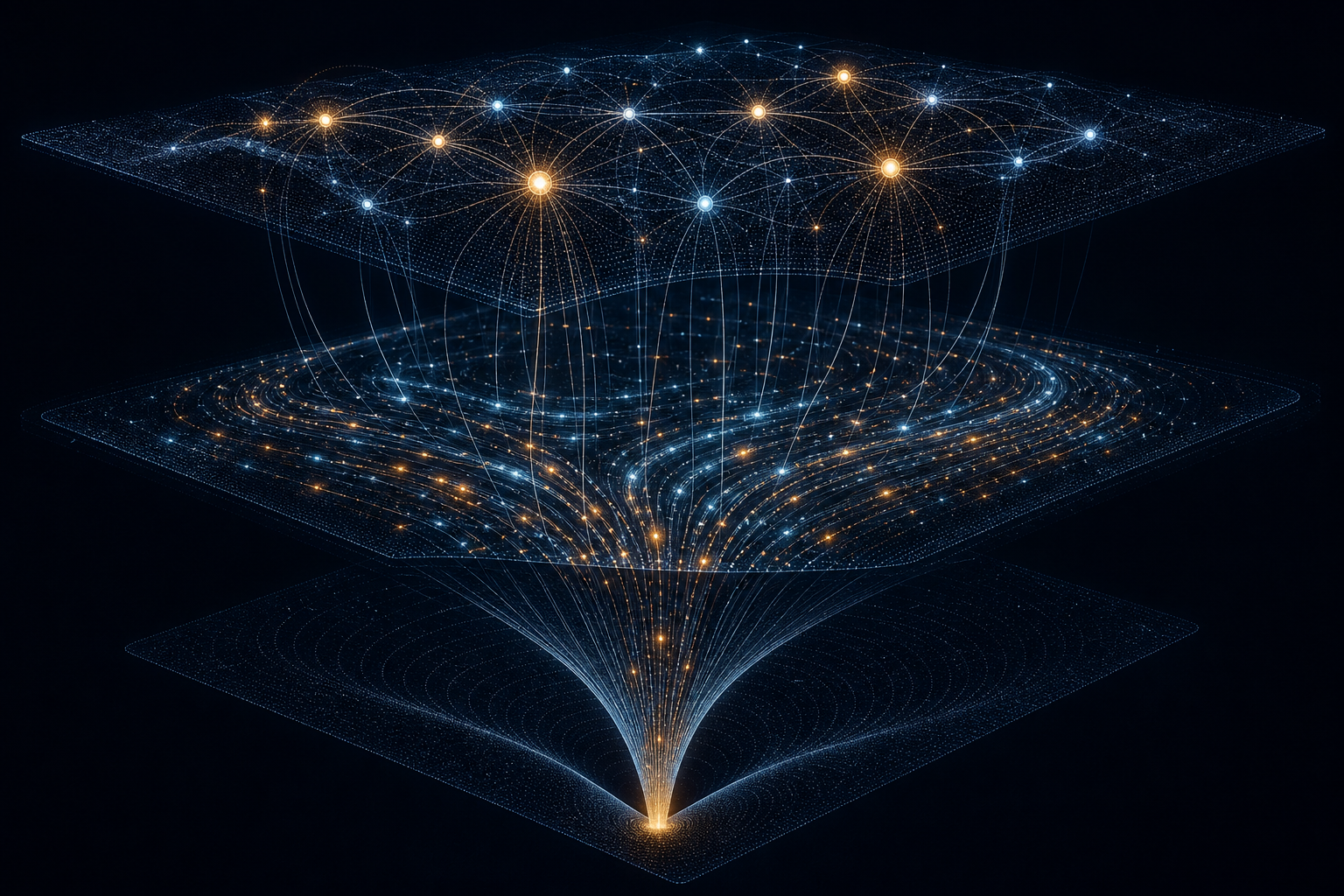 Three stacked translucent data layers connected by glowing threads, showing AI citation signals flowing down into traffic streams and a revenue funnel