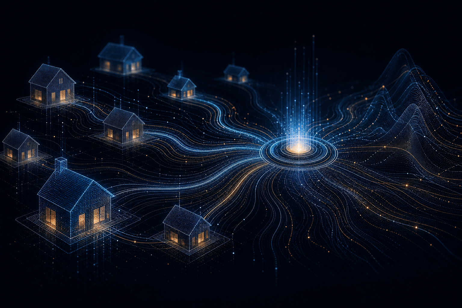 Abstract illustration of glowing house shapes linked by streams of data converging on a central AI agent node against a dark background
