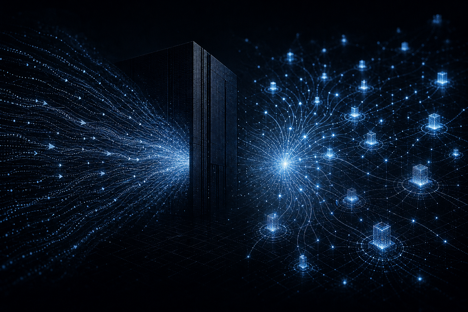 Abstract visualization of two opposing data flows, one converging into a central warehouse structure and one radiating outward to illuminate scattered network nodes, representing the modern data stack versus agentic data infrastructure