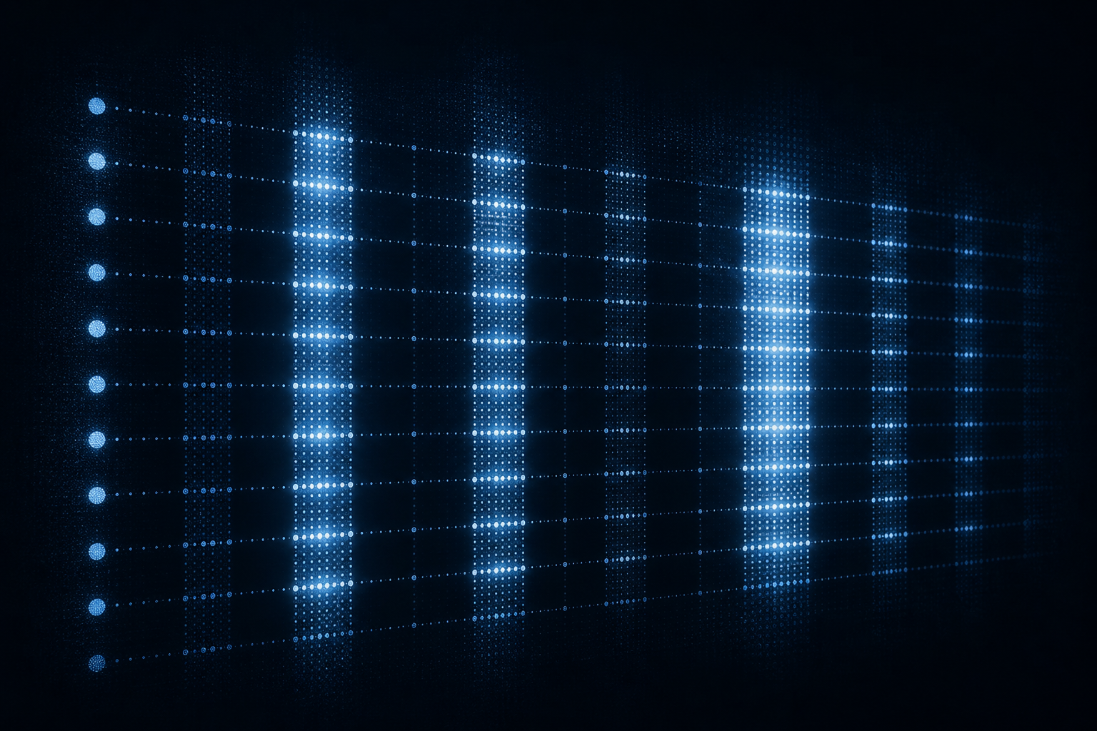 Abstract dark grid of glowing nodes with some columns brighter than others, evoking a scored comparison of agentic AI platforms