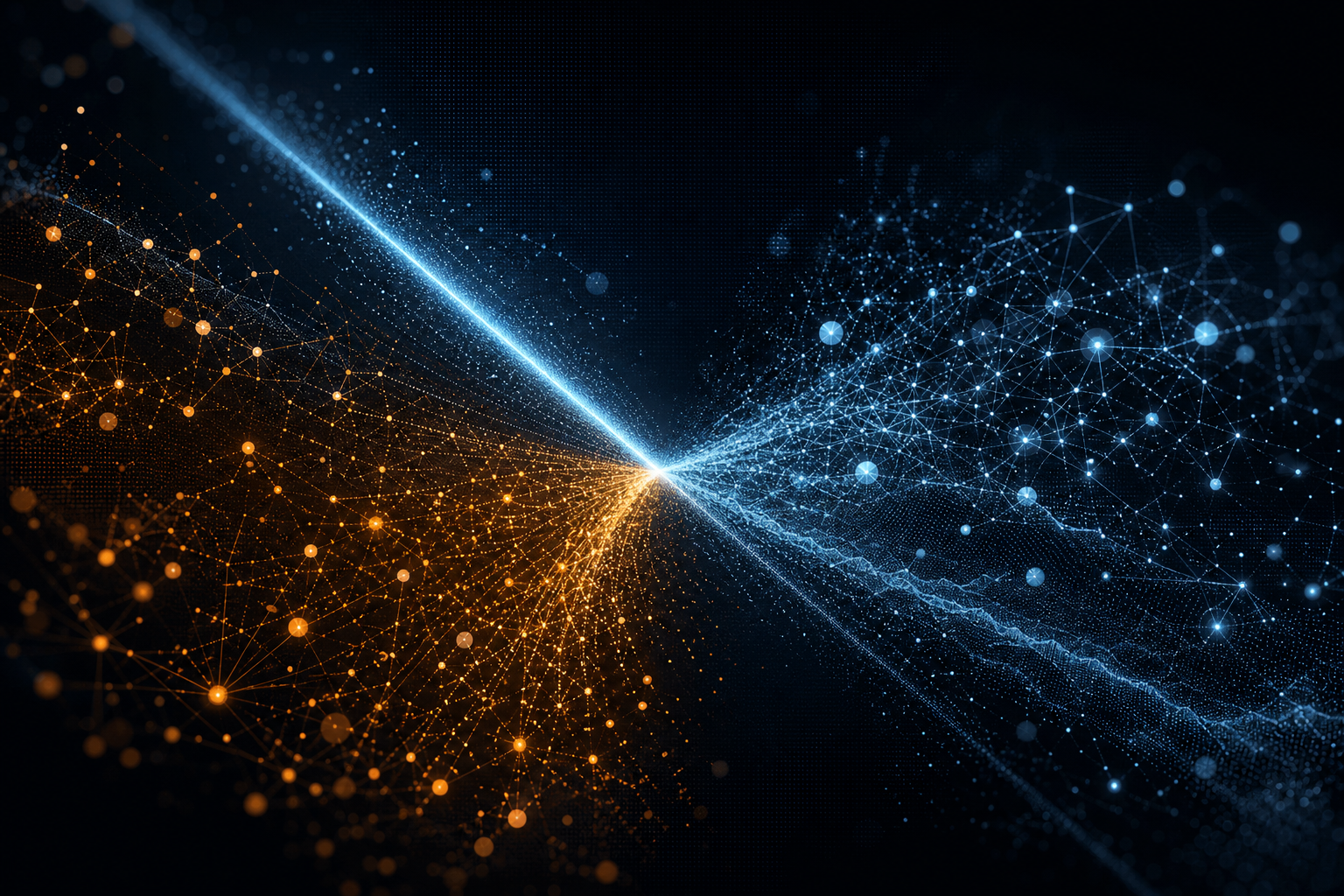 Two glowing beams of amber and cyan light dividing a field of data nodes into separate constellations against a dark background, representing two different AI visibility metrics