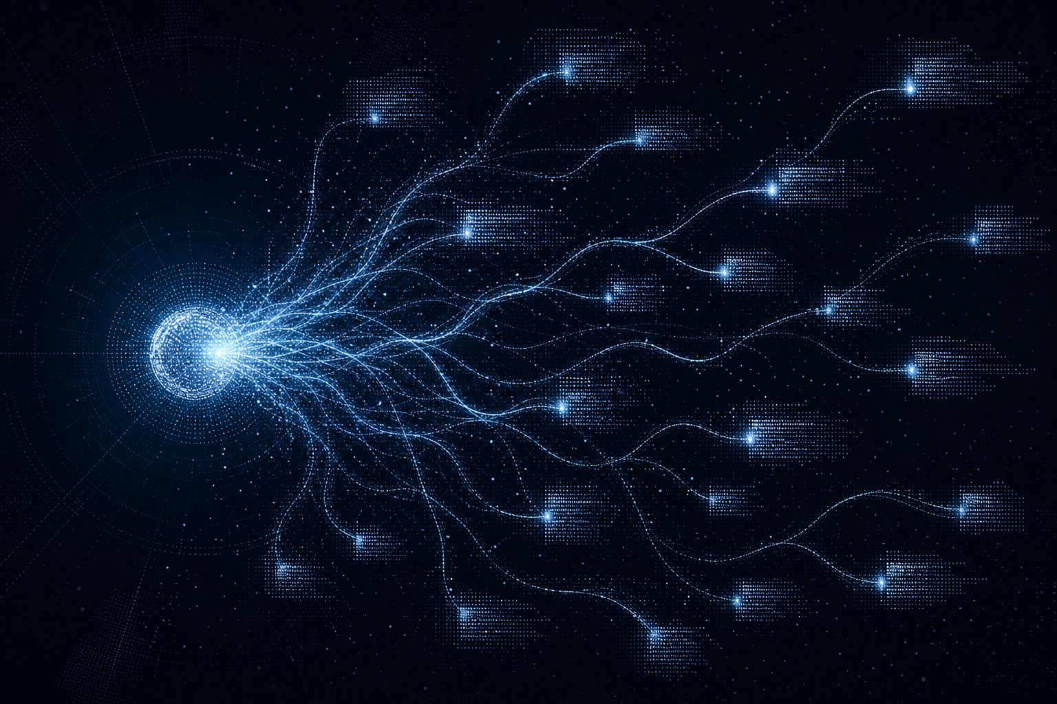 Abstract visualization of one search query fanning out into many glowing sub-queries, each connecting to a highlighted content passage