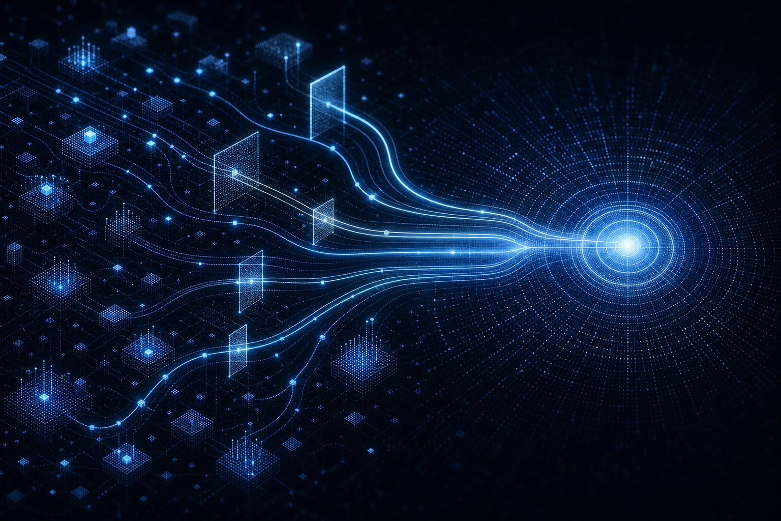 Abstract dark illustration of glowing data conduits converging into a central hub, with several channels passing through translucent permission gates