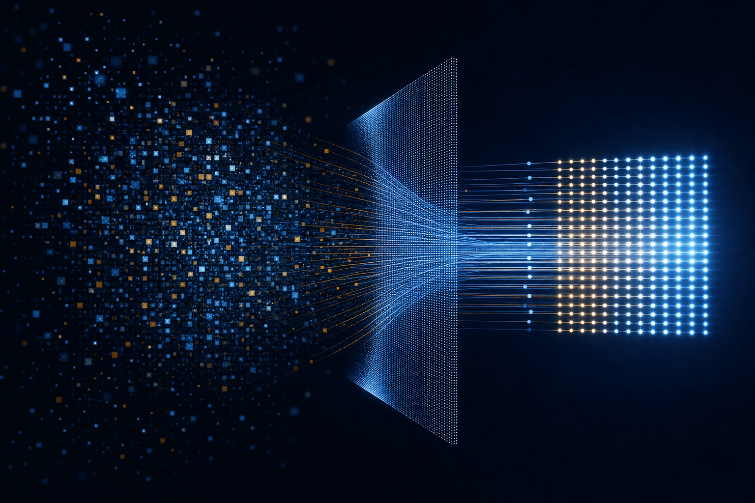 Abstract visualization of scattered data fragments passing through a glowing mesh and aligning into a structured grid, representing verified records improving audience match rates