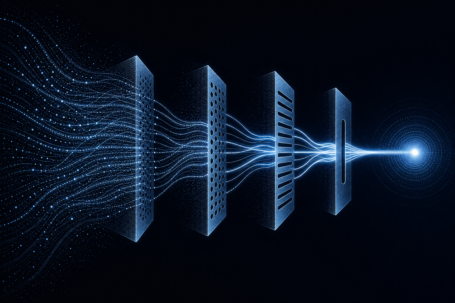 Abstract visualization of data streams narrowing through four glowing gates, representing an AI lead generation funnel from raw signals to qualified leads